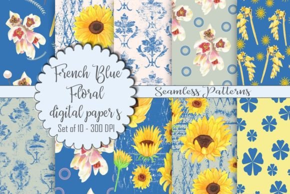 French Blue Floral Digital Paper for Creative Projects