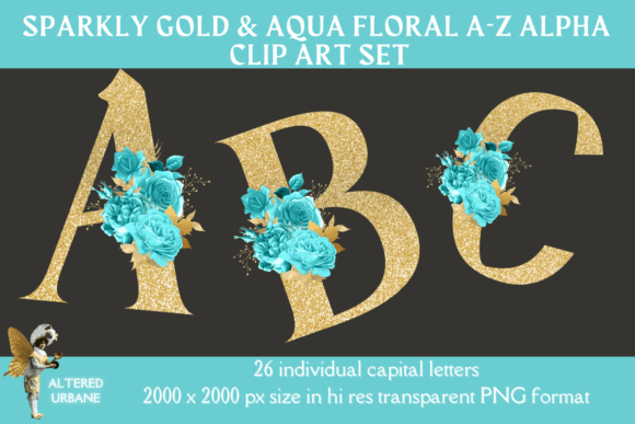 The Sparkly Gold Aqua Floral Alpha Set: A Modern Asset for Digital Creativity
